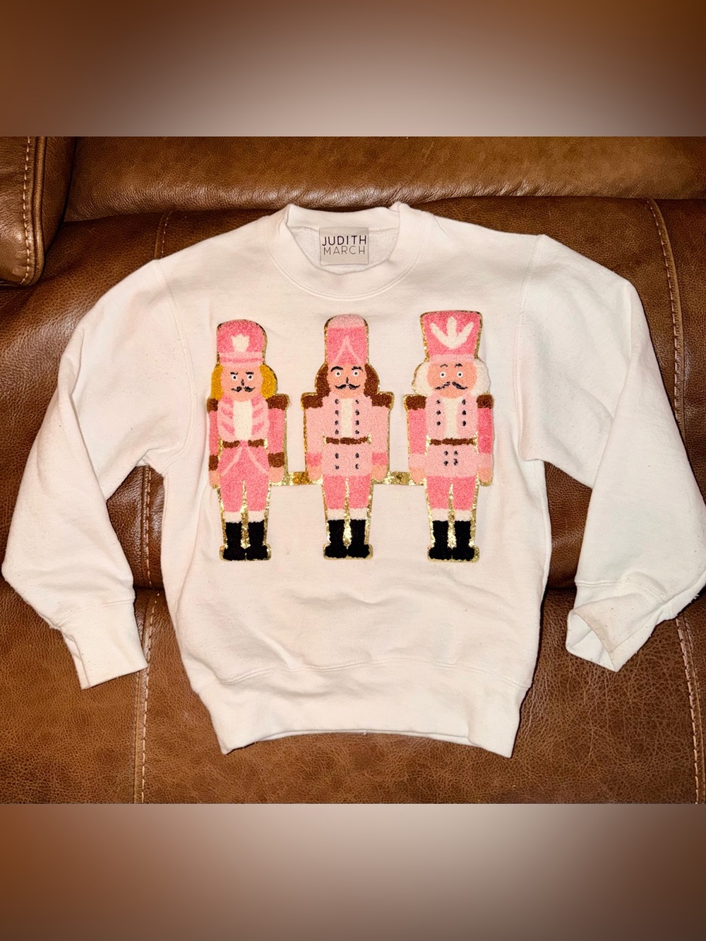 Youth Judith March White Sweatshirt with Pink Nutcracker Trio